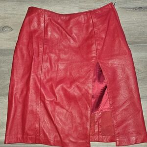 Vintage Red Leather Skirt With High Slit